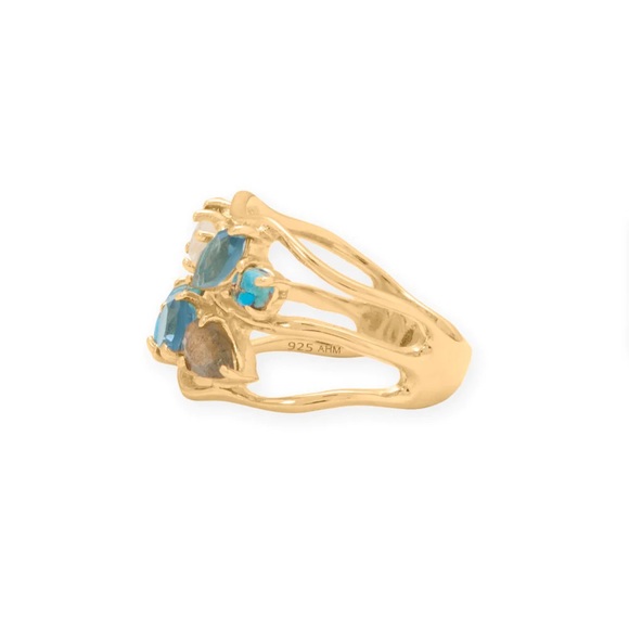 14 Karat Gold Plated 925 Sterling Silver Blue Multi Stone Cluster Ring - Picture 2 of 3